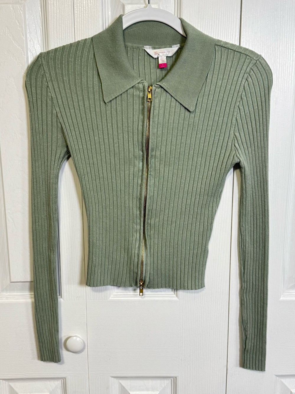 No Boundaries Ribbed Double Zip Collared Crop Cardigan Sage Green Small